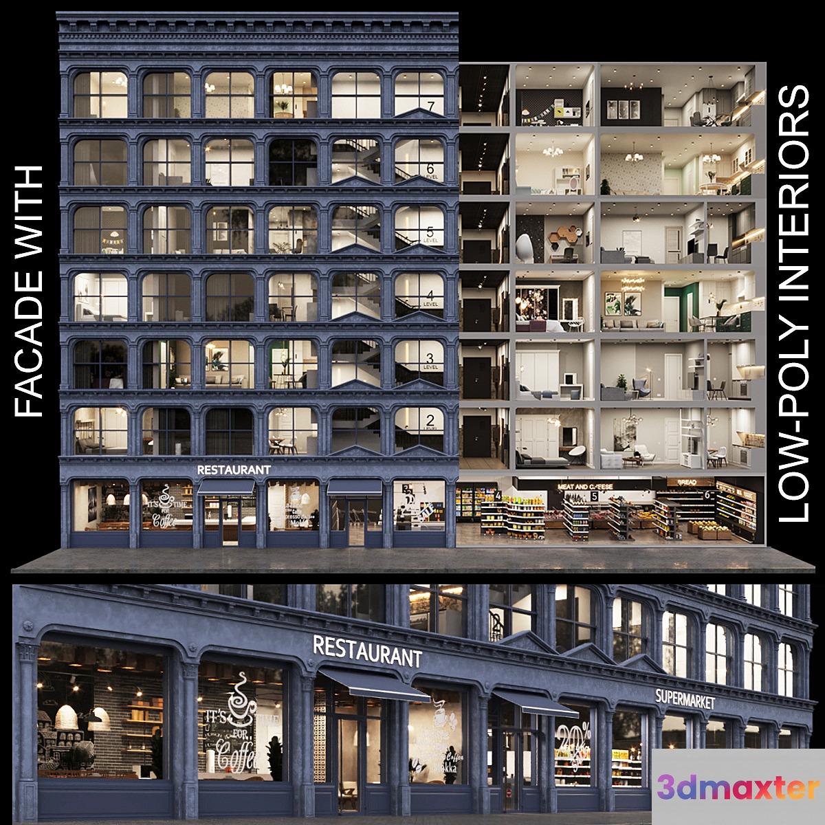 Facade with 20 residential and public low-poly interiors