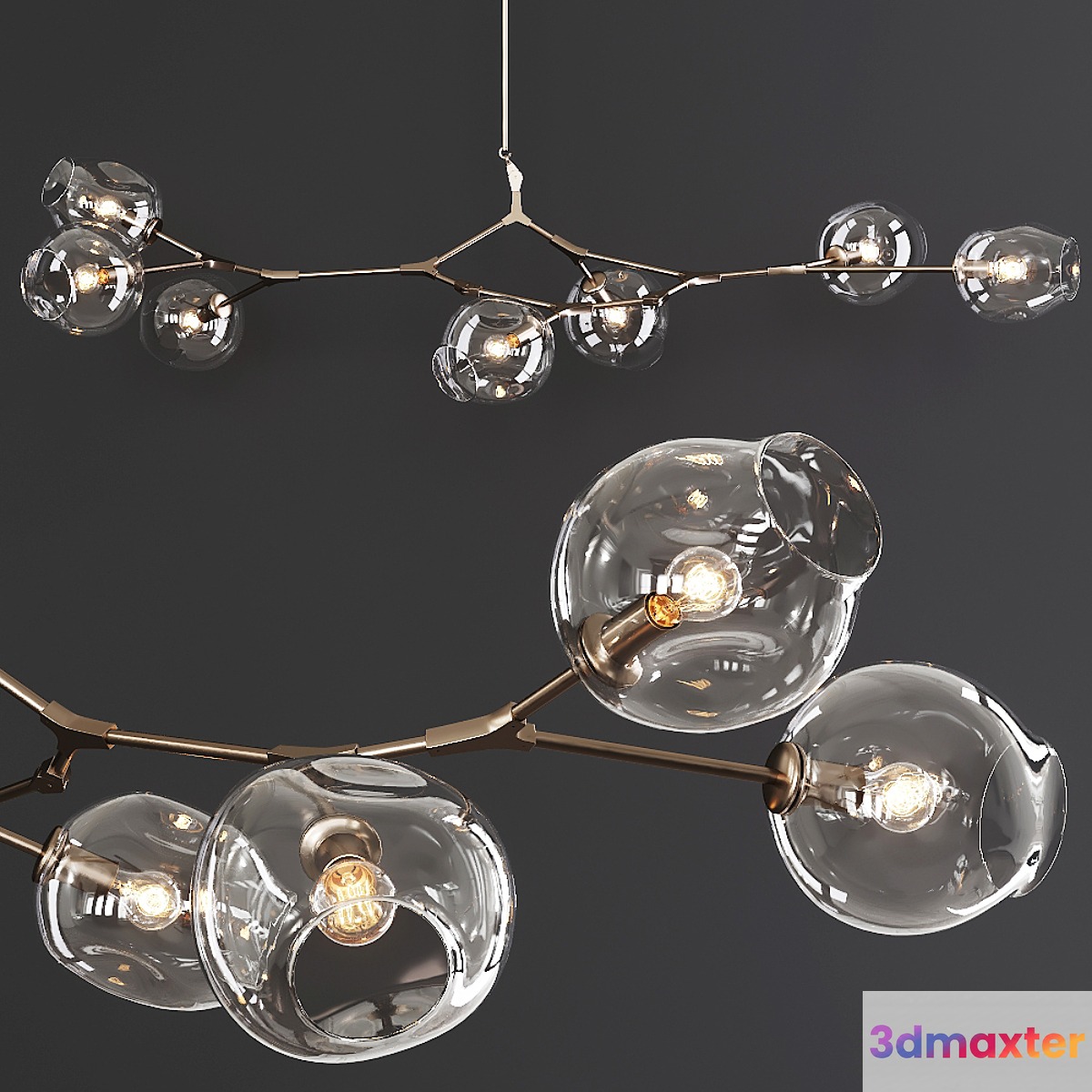 7-globe Branching Bubble Vintage Brass and Clear Glass 3D Max