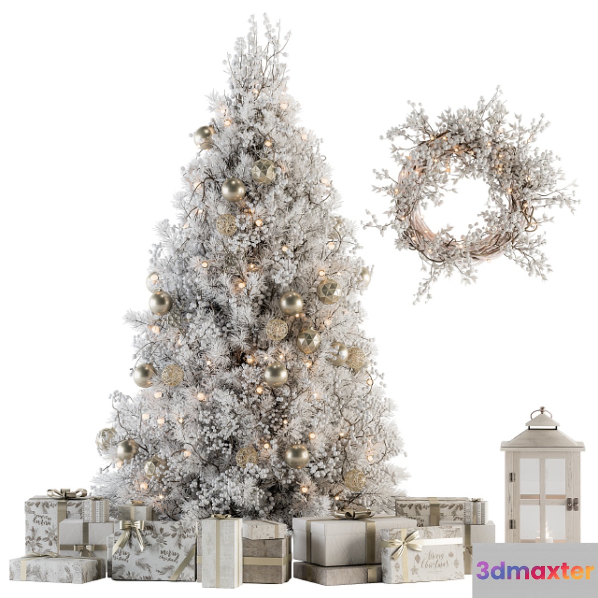 Christmas Decoration 14 - Christmas White and Gold Tree with Gift 3D Max