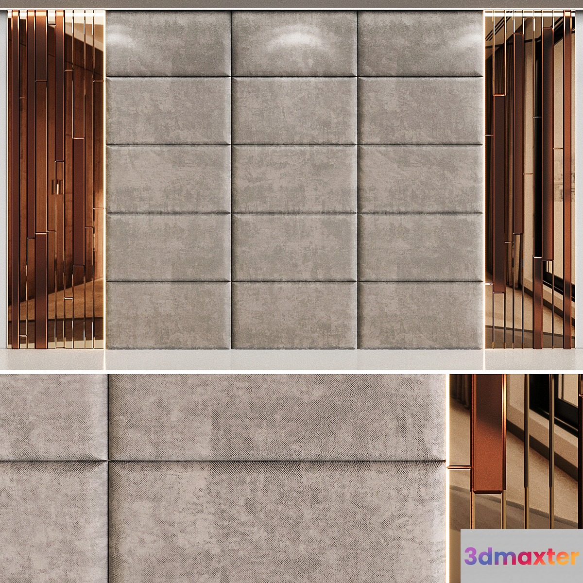 Headboard in beige panels and mirrored gold slats 3D Max