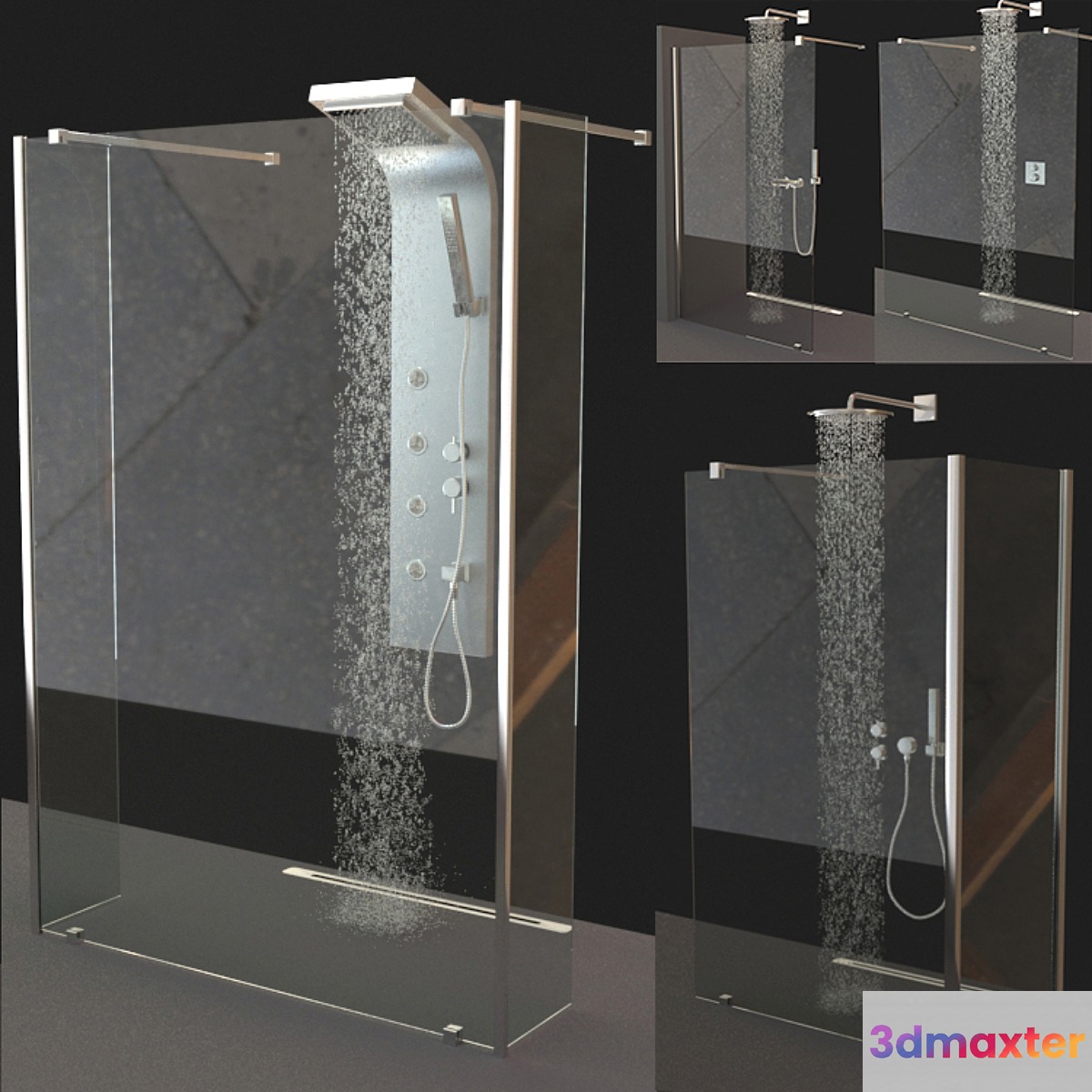 Set of shower cabins Ravak Walk-In + Mixers 3D Max