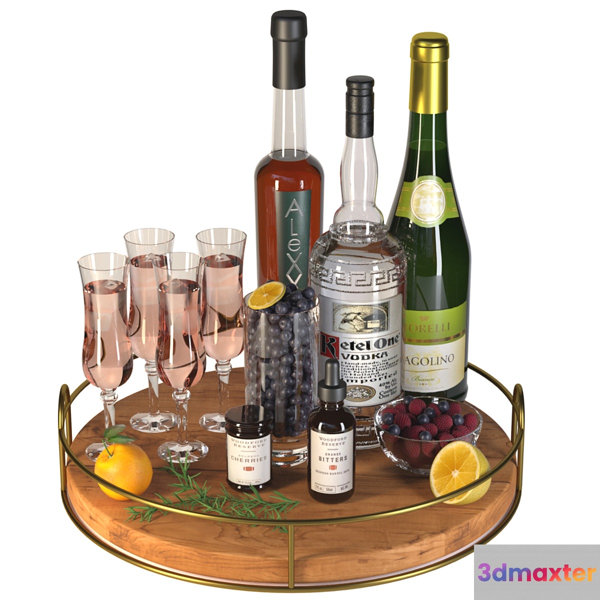 Alcoholic set with fruits. Sparkling wine