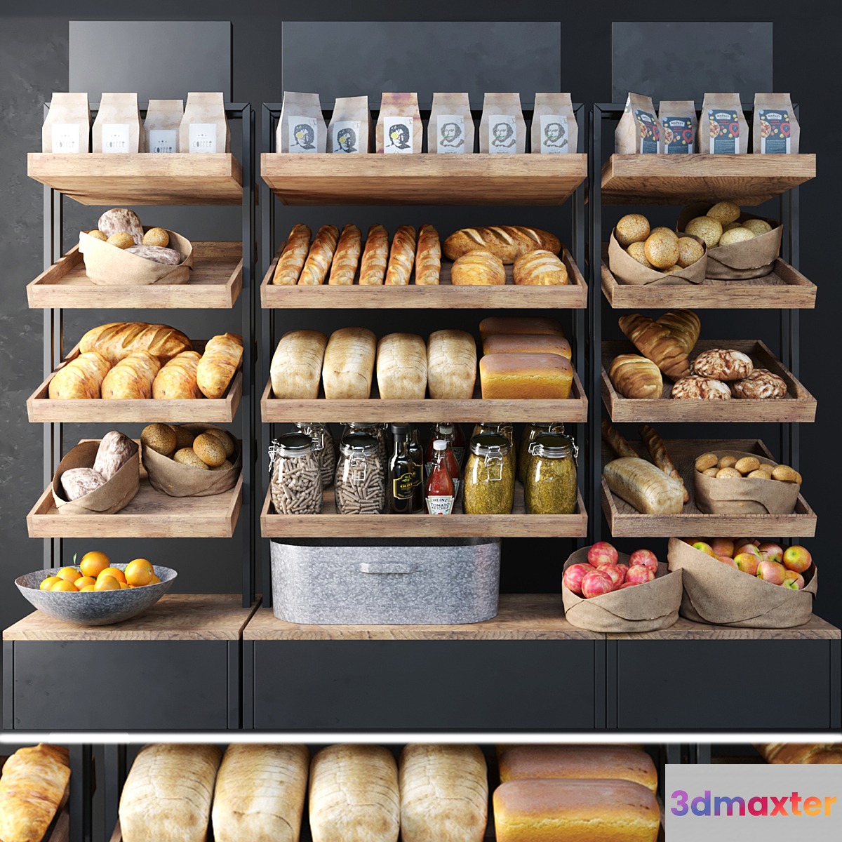 A large showcase in a bakery with bread and other products. Bakery products