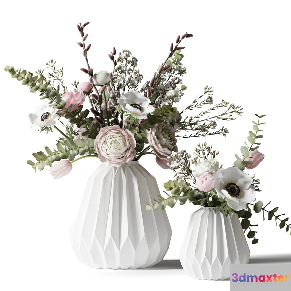 Two bouquets in white ribbed vases