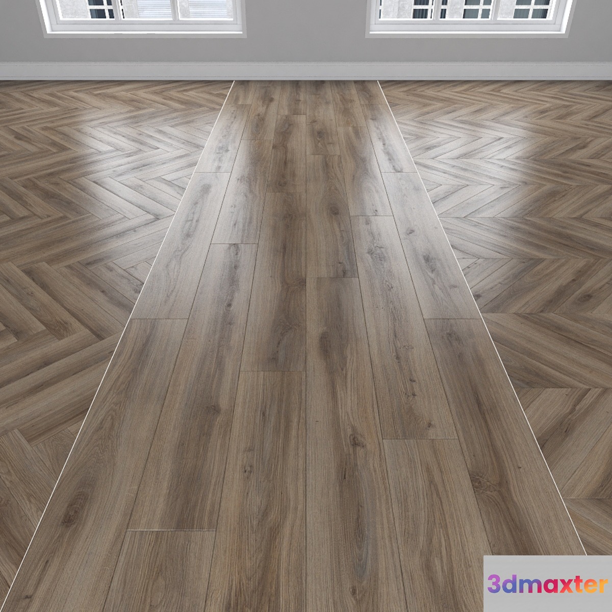 Parquet Oak 3 types: herringbone linear chevron. 3D Max