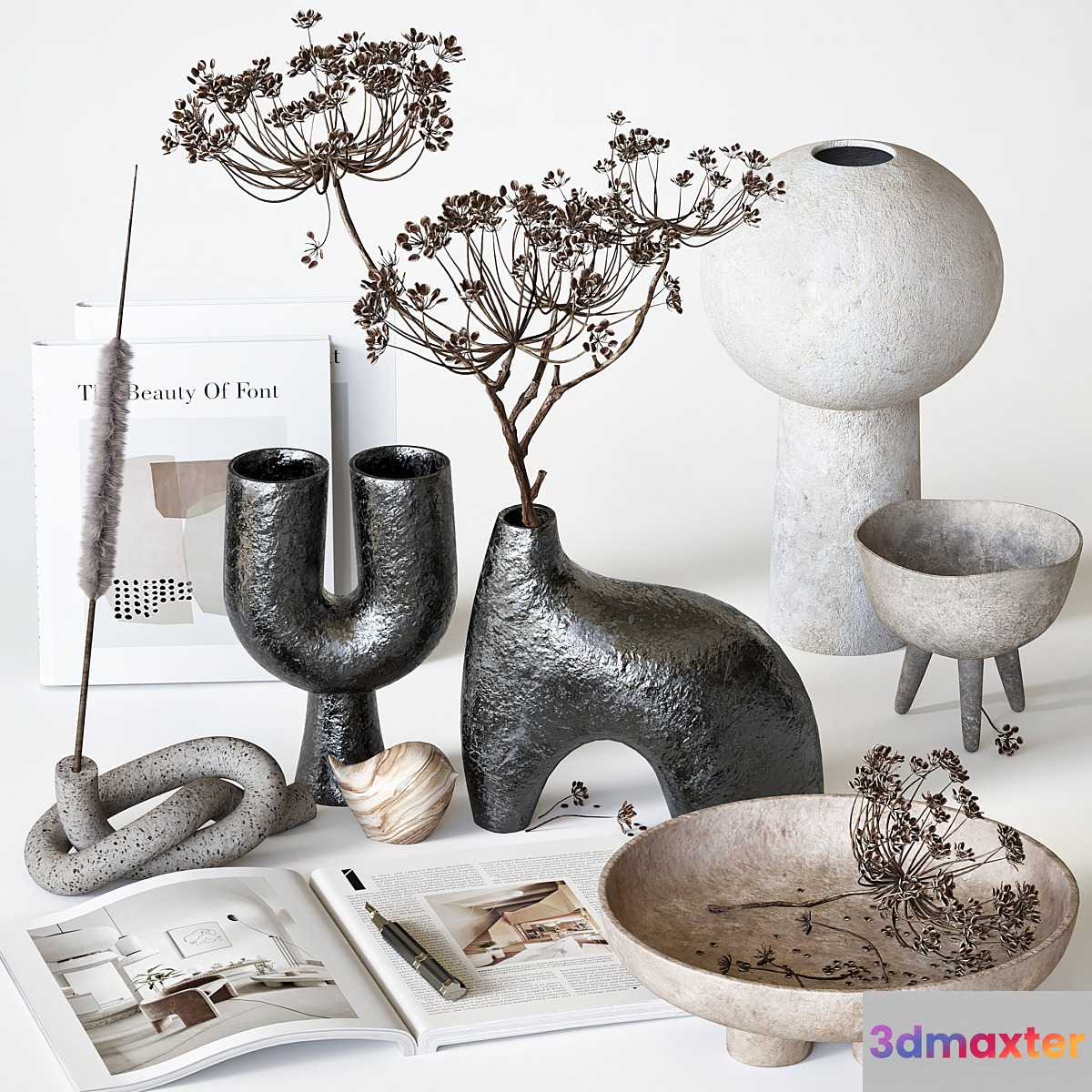 Decorative set with ceramic and heracleum 09 3D Max