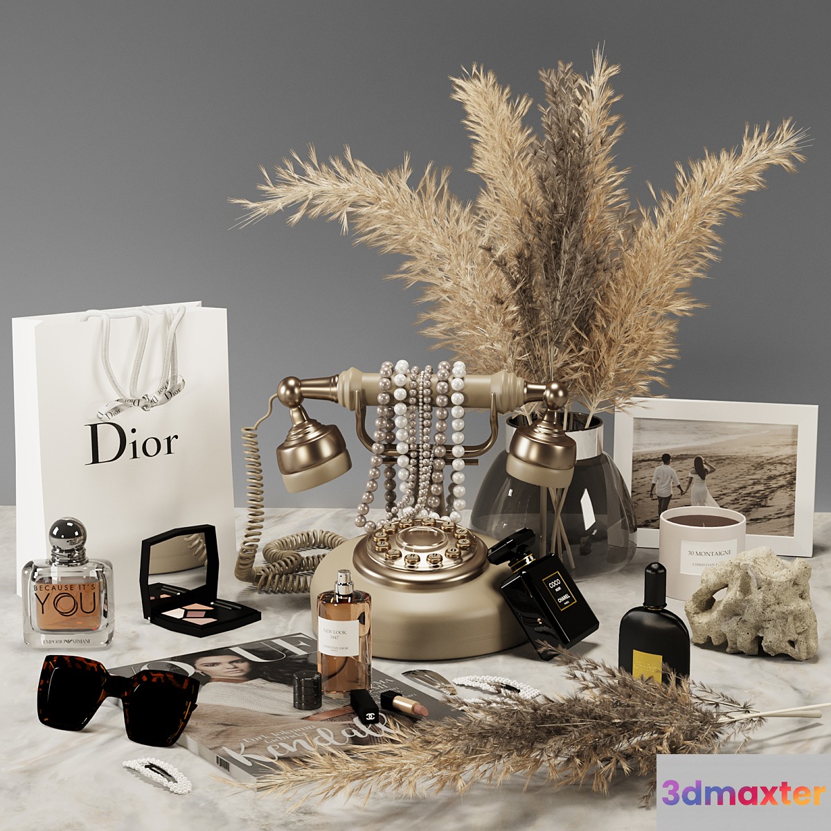 Decorative set 01_Cosmetics with pampas and antique telephone 3D Max