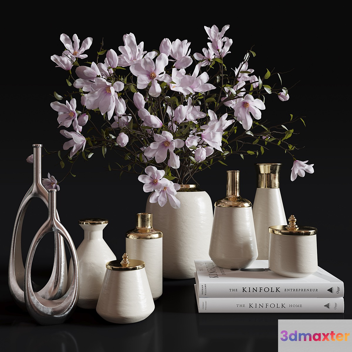 Decoration Set 30 Magnolia and Vases. 3D Max
