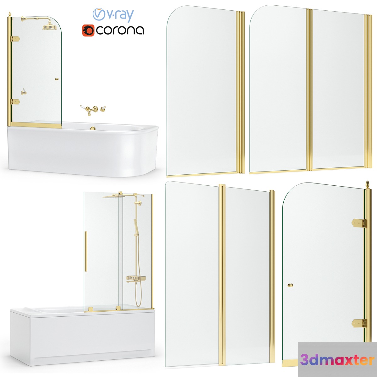 Bath screens and bathtubs Radaway gold and Ravak set 121 3D Max