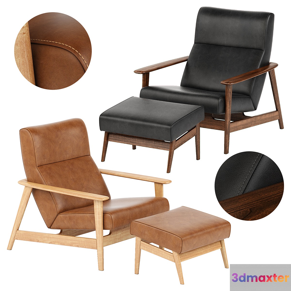 Mid-Century Show Wood Leather Chair and Ottoman