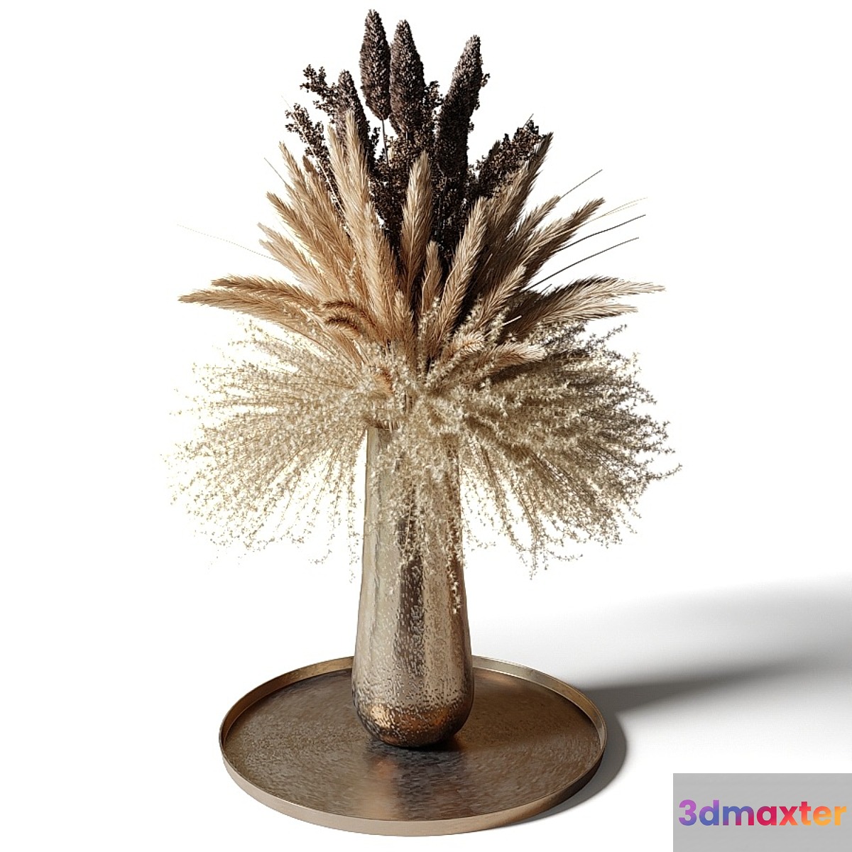 Lush bouquet of dried flowers in a metal vase 3D Max