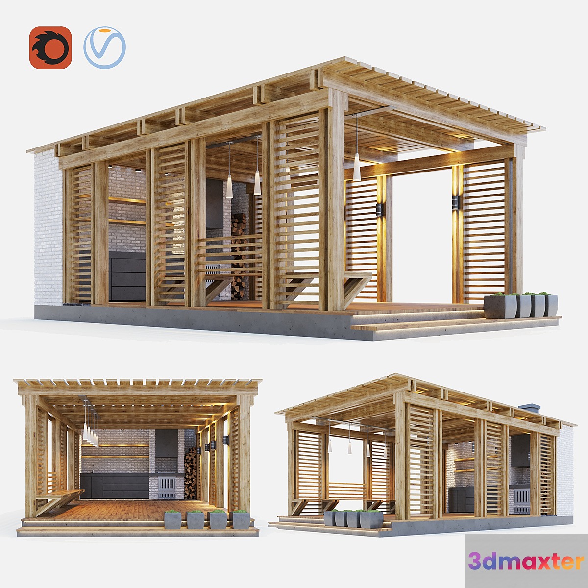 Wooden gazebo with summer kitchen 3D Max
