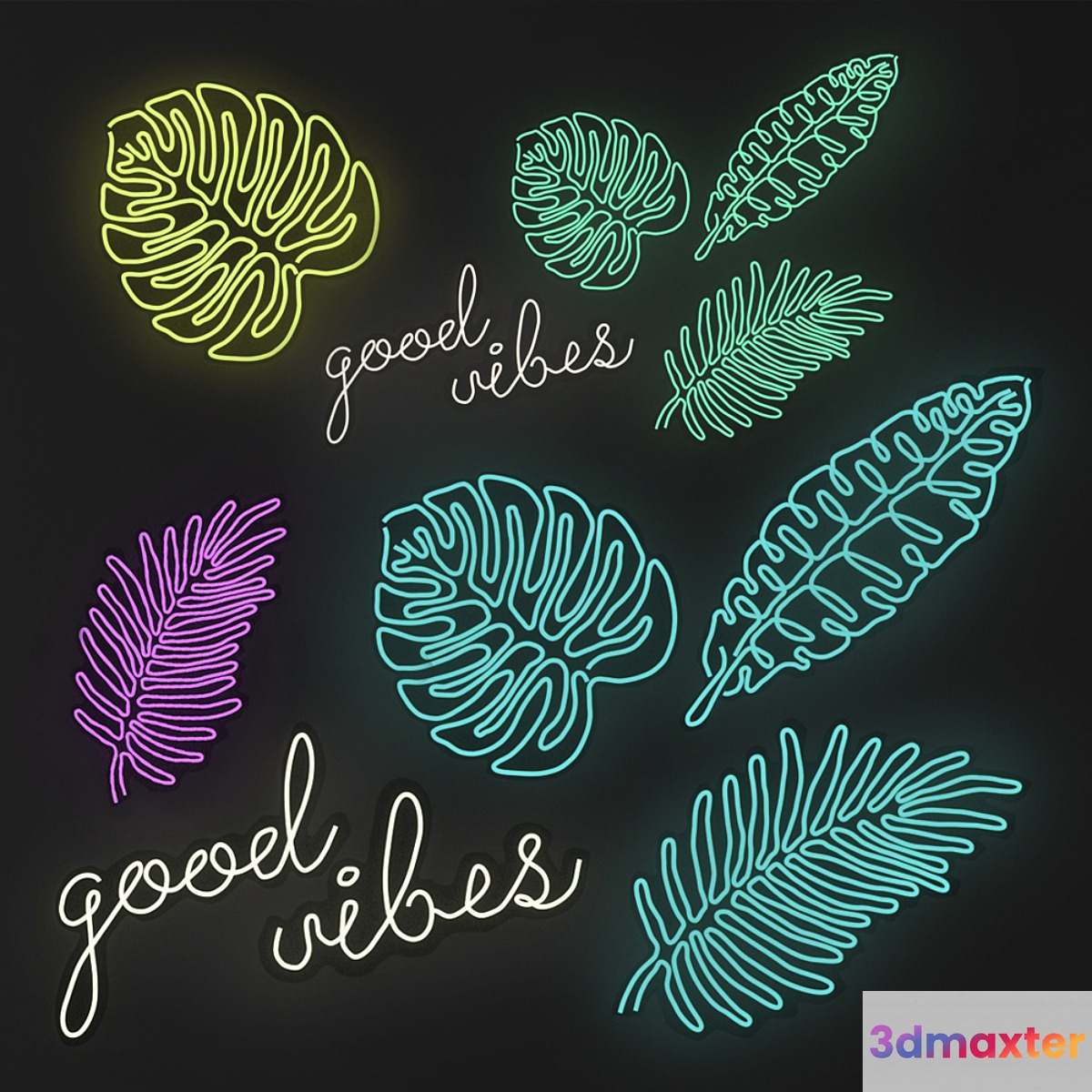 Neon sign - Monstera. Good wibes 3D Max