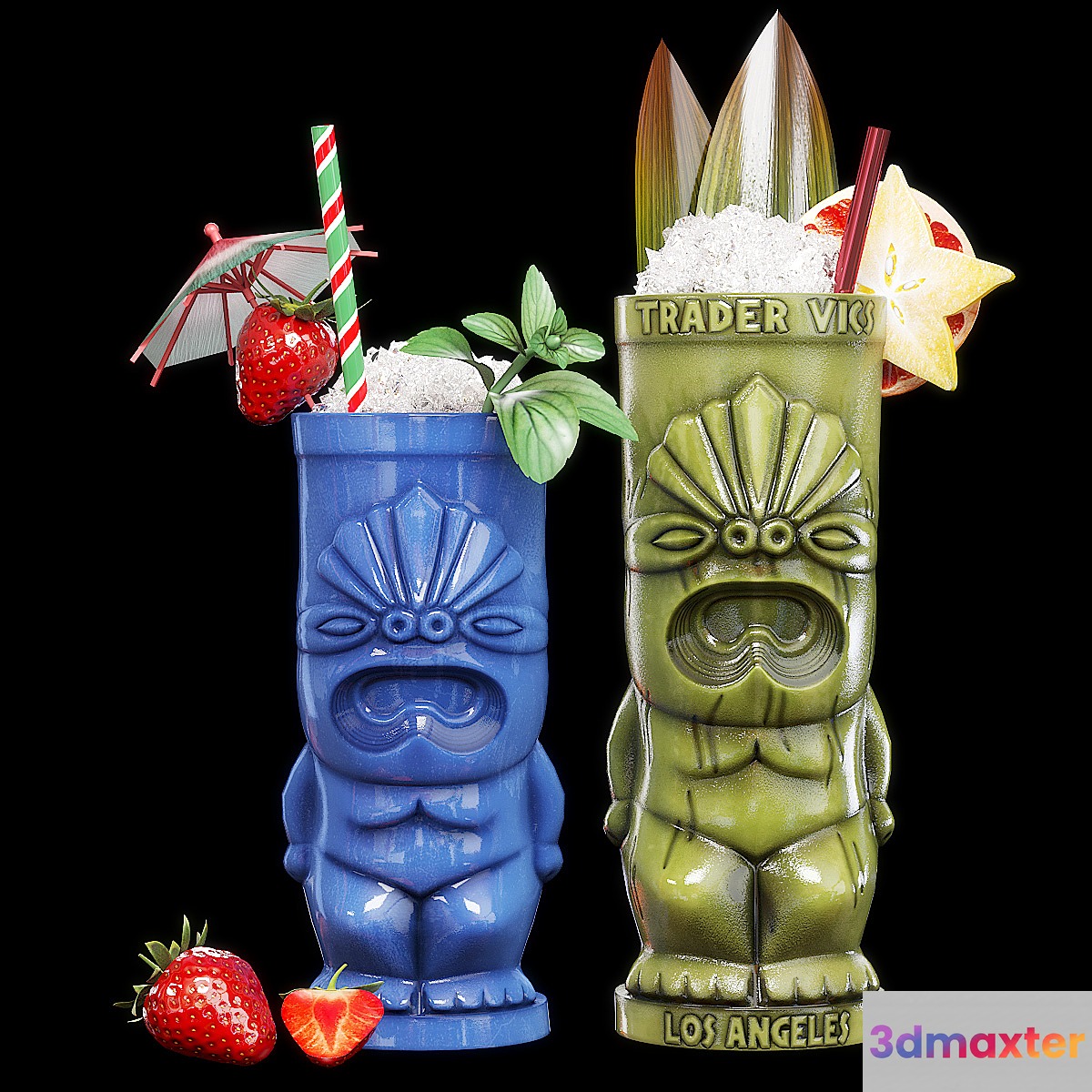TIKI glasses with cocktails-2 3D Max
