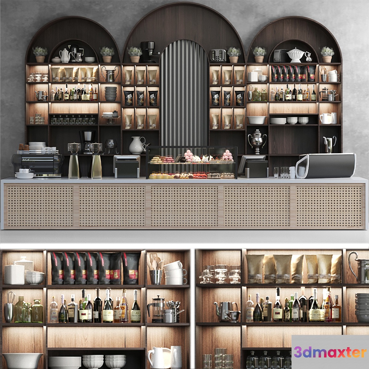 A huge design project for a cafe with desserts and a designer coffee machine. coffee point 3D Max