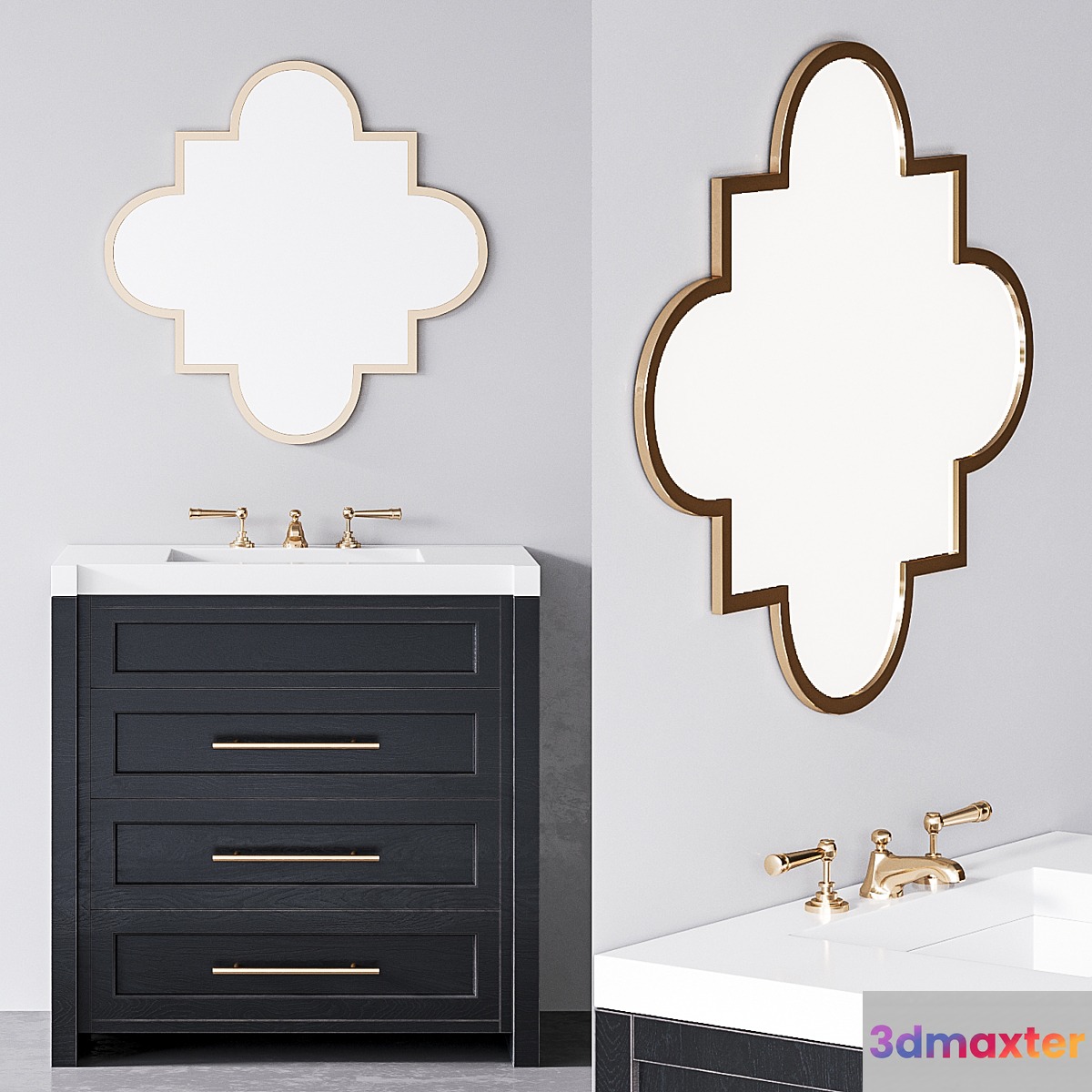 Black Brass Single Sink Vanity washbasin cabinet 3D Max