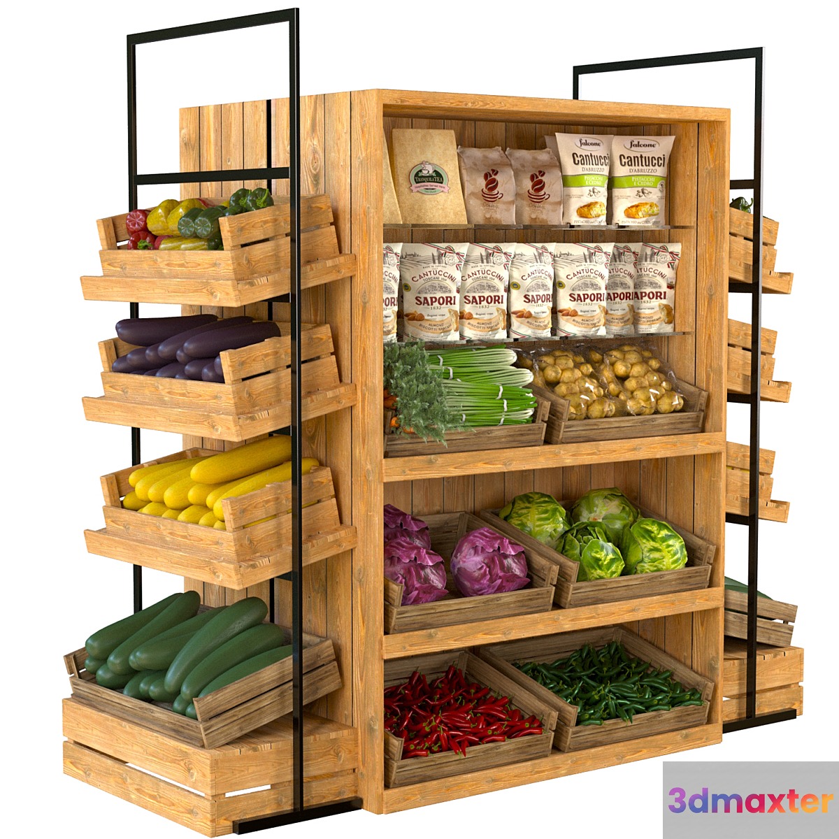Designer rack in a supermarket with vegetables fruits and cereals 3