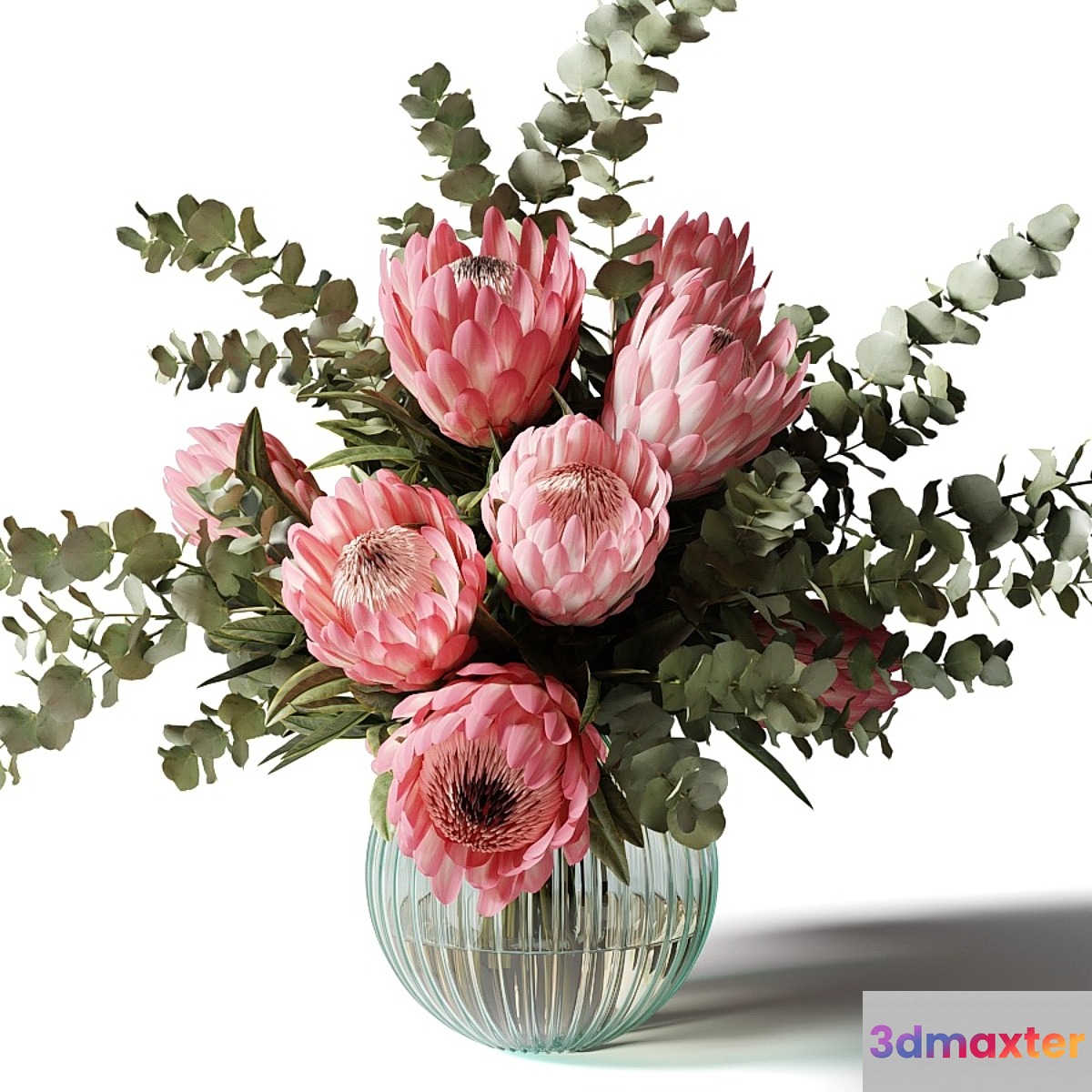 Bouquet with pink proteas and eucalyptus in a ribbed glass vase