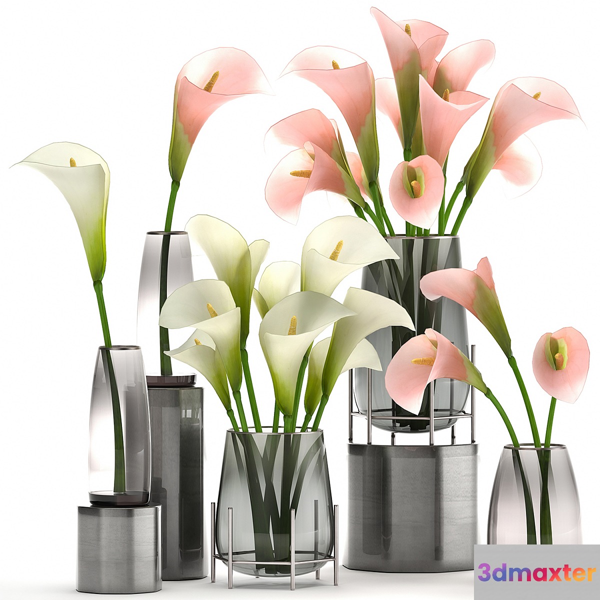 A set of bouquets of white and pink flowers in a glass vase of Calla sadovaya. 114.