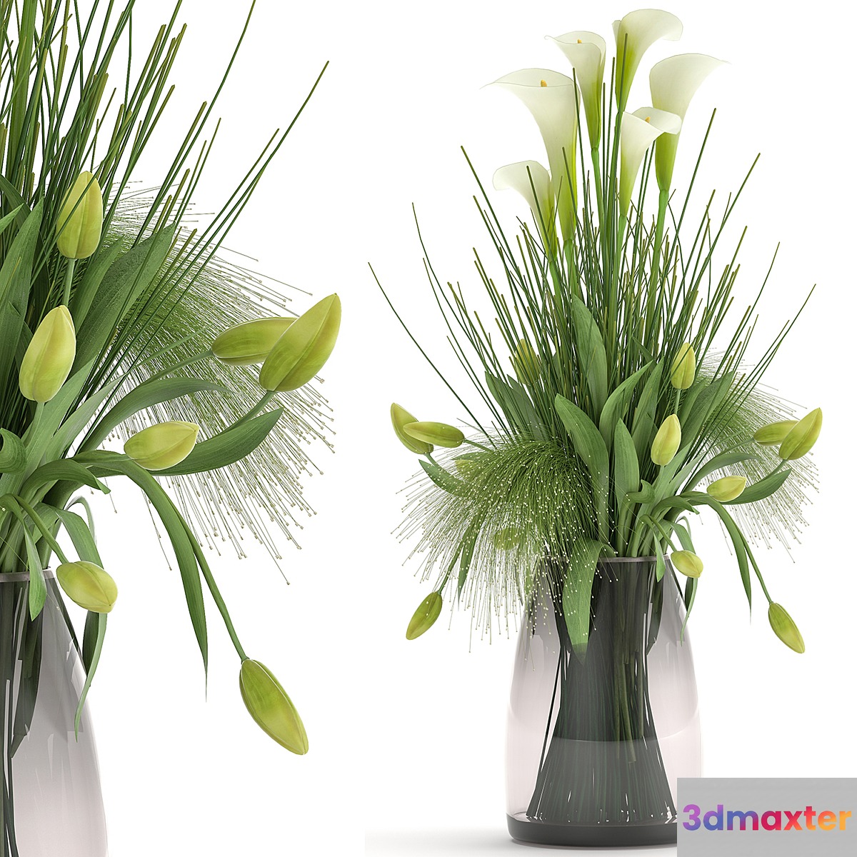 Bouquet of spring green flowers in a glass vase with a tulip Calla. 115. 3D Max