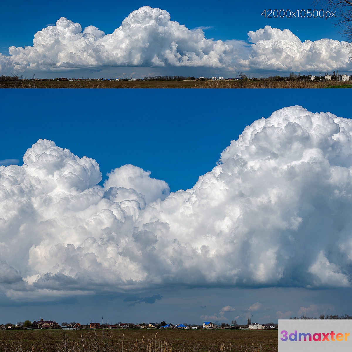 Panorama with beautiful cumulus clouds over the village. 42k