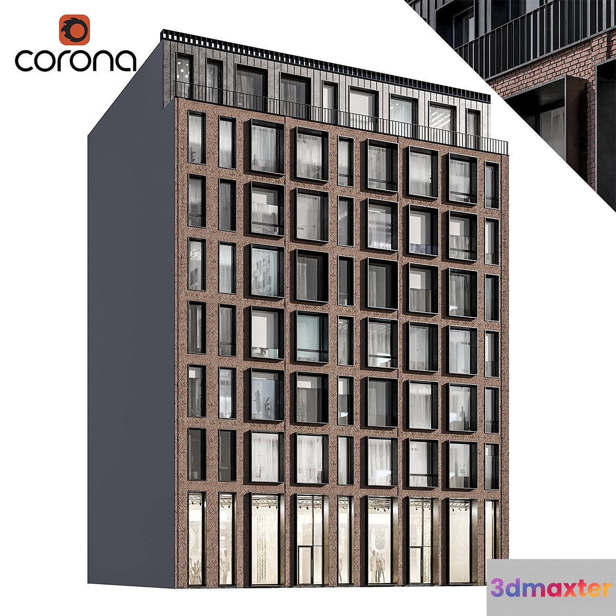 Modern residential facade 01 | night + interiors 3D Max