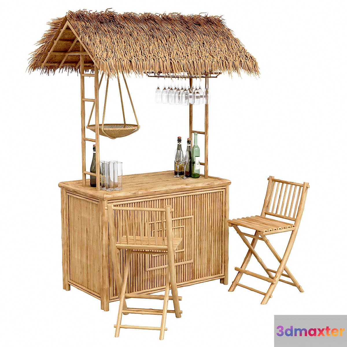 Beach Bamboo Bar with bottles and glasses 3D Max