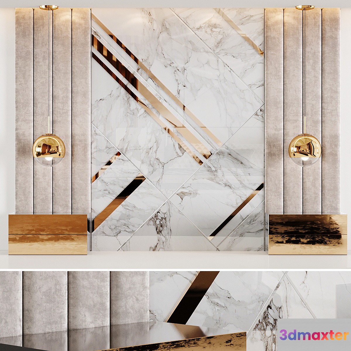 Headboard in white Rex Marble and soft beige panels