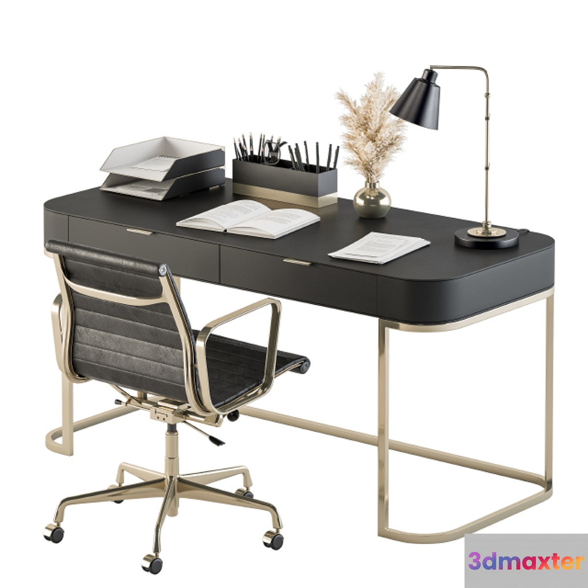Classic Black and Gold Work Desk - Office Set 181 3D Max