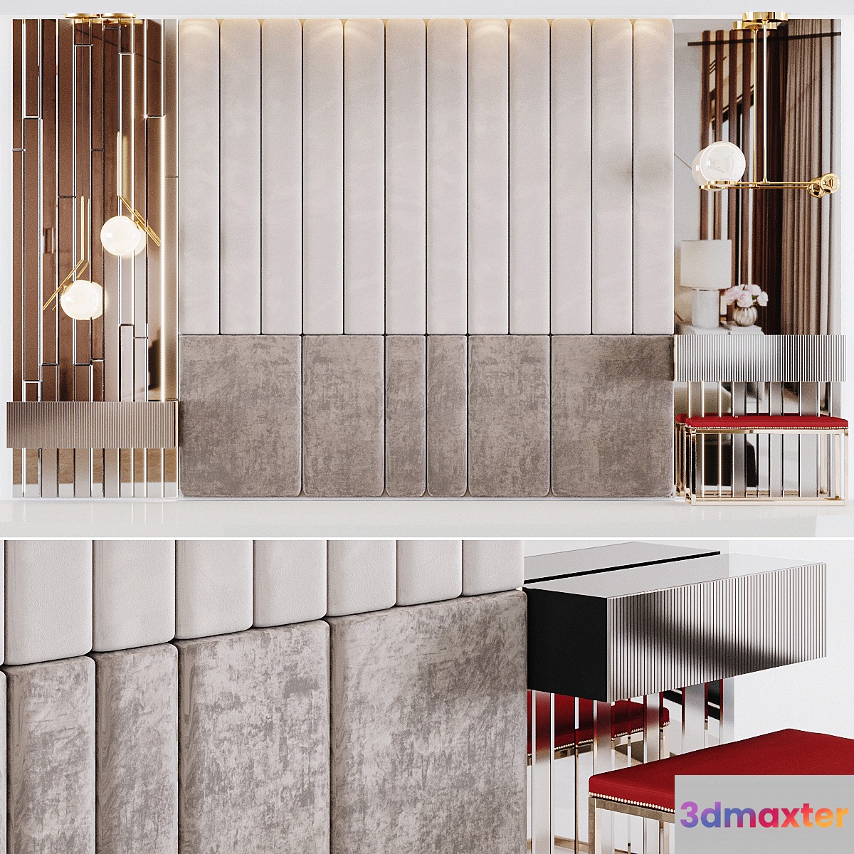 Headboard decoration with bedside tables and light 3D Max