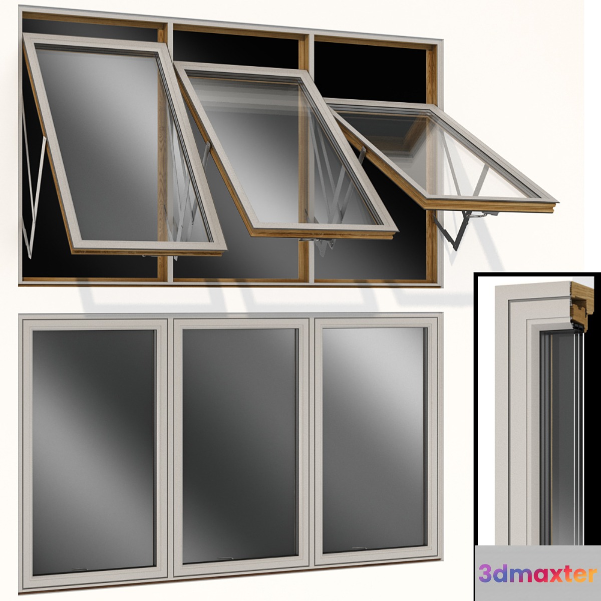 Top swing hinged wooden metal window 3D Max