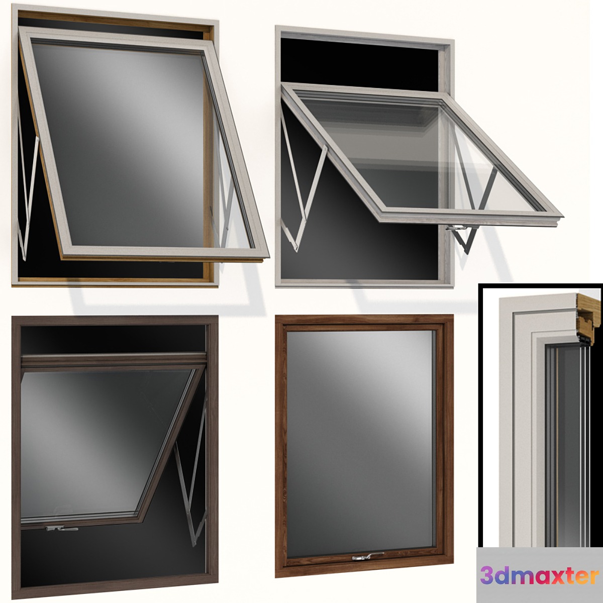 Top swing hinged wooden metal window 3D Max