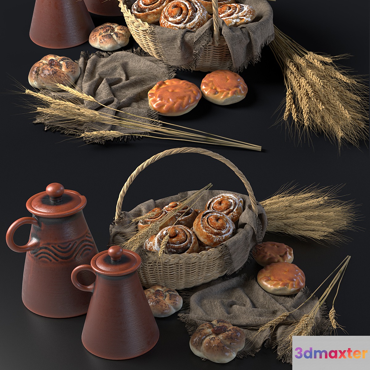 Composition with buns in a wicker basket