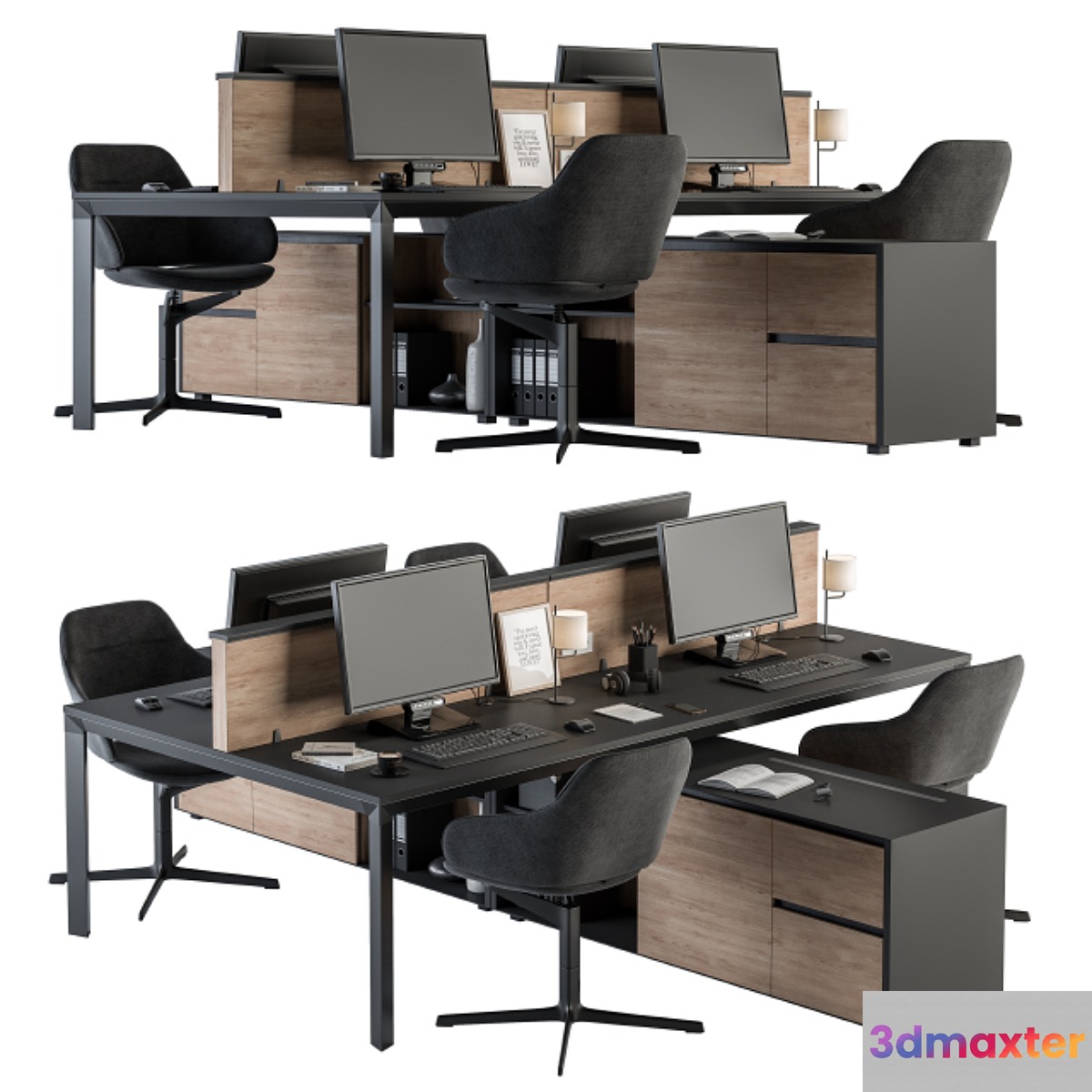 Office Furniture - employee Set Wood and Black 37 3D Max
