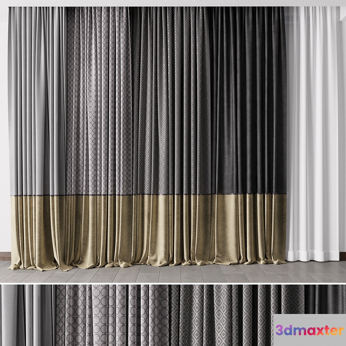 Hadi gray & gold Curtains 34 Soft curtains and linen and silk fabric 3D Max