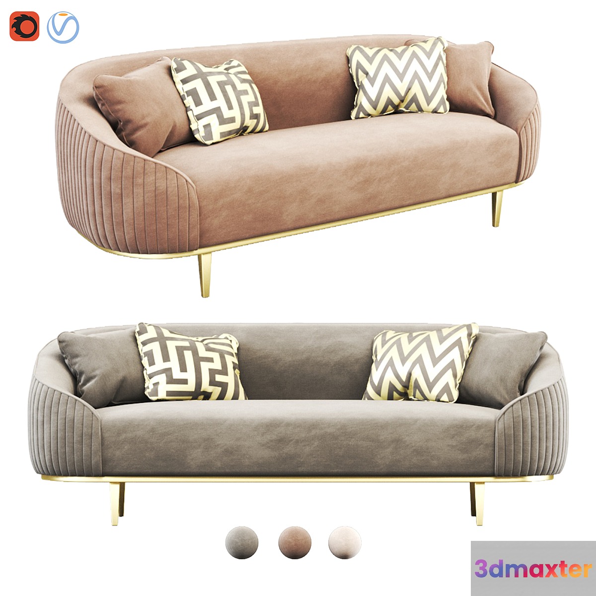 Ella Three Seat Sofa - Chalk - Brass Base 3D Max