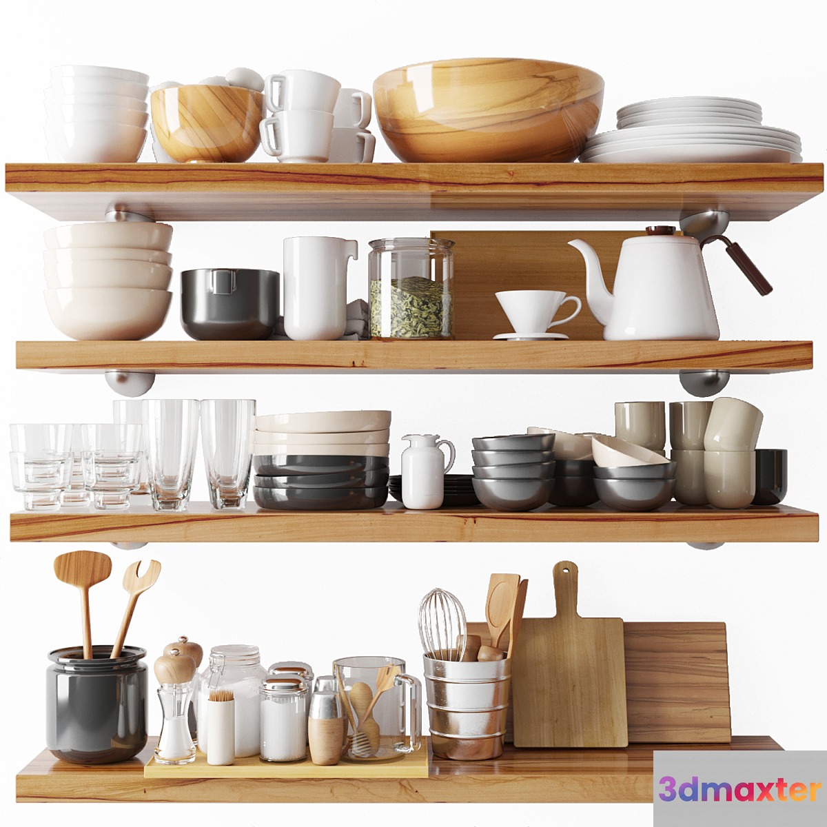 A set of dishes and kitchen utensils. Plate teapot glass plate 3D Max
