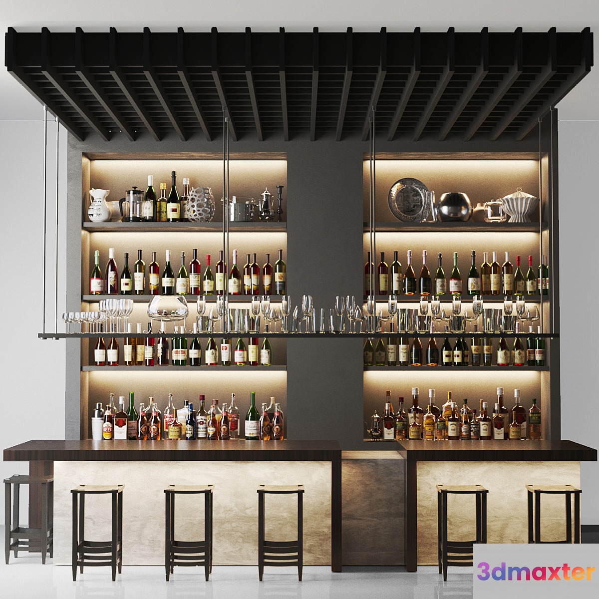 Design project of a bar with wine and sparkling. Alcohol collection. Bar 3D Max