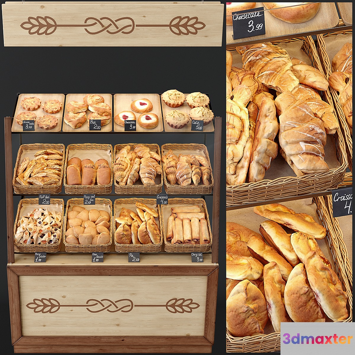 Showcase with pastries for shop and cafe. Bread