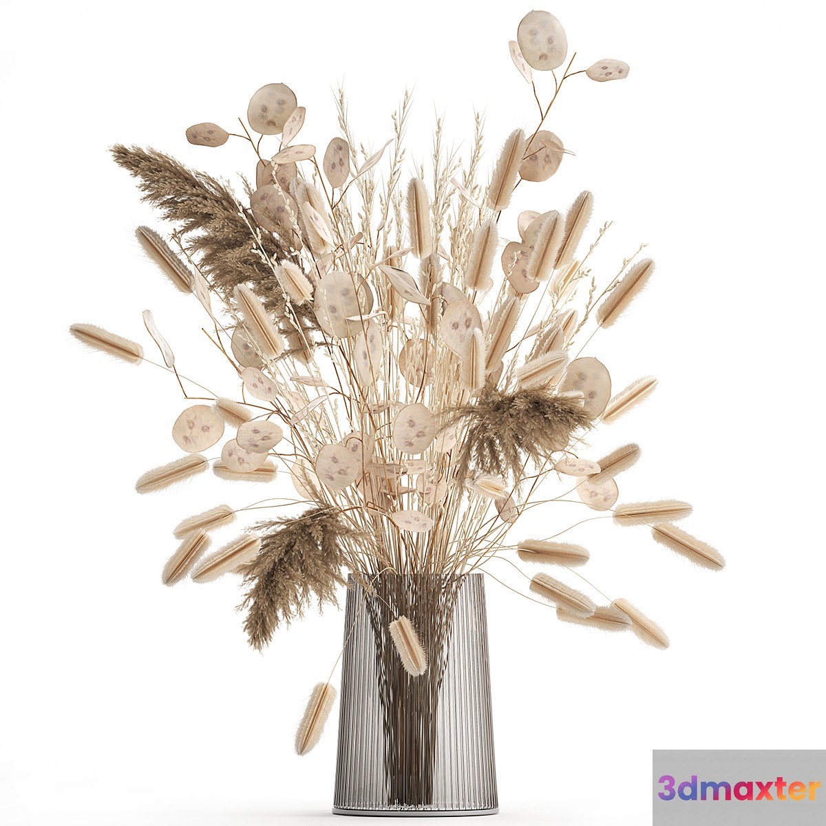 A beautiful bouquet of dried flowers in a vase with dry branches of pampas reeds lunnik. 127.