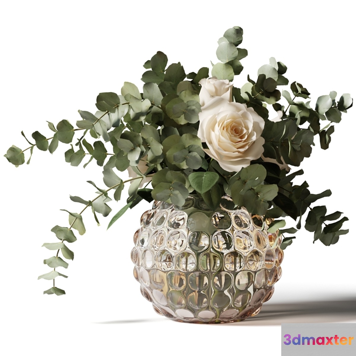 Bouquet of roses and eucalyptus in a glass pimpled vase
