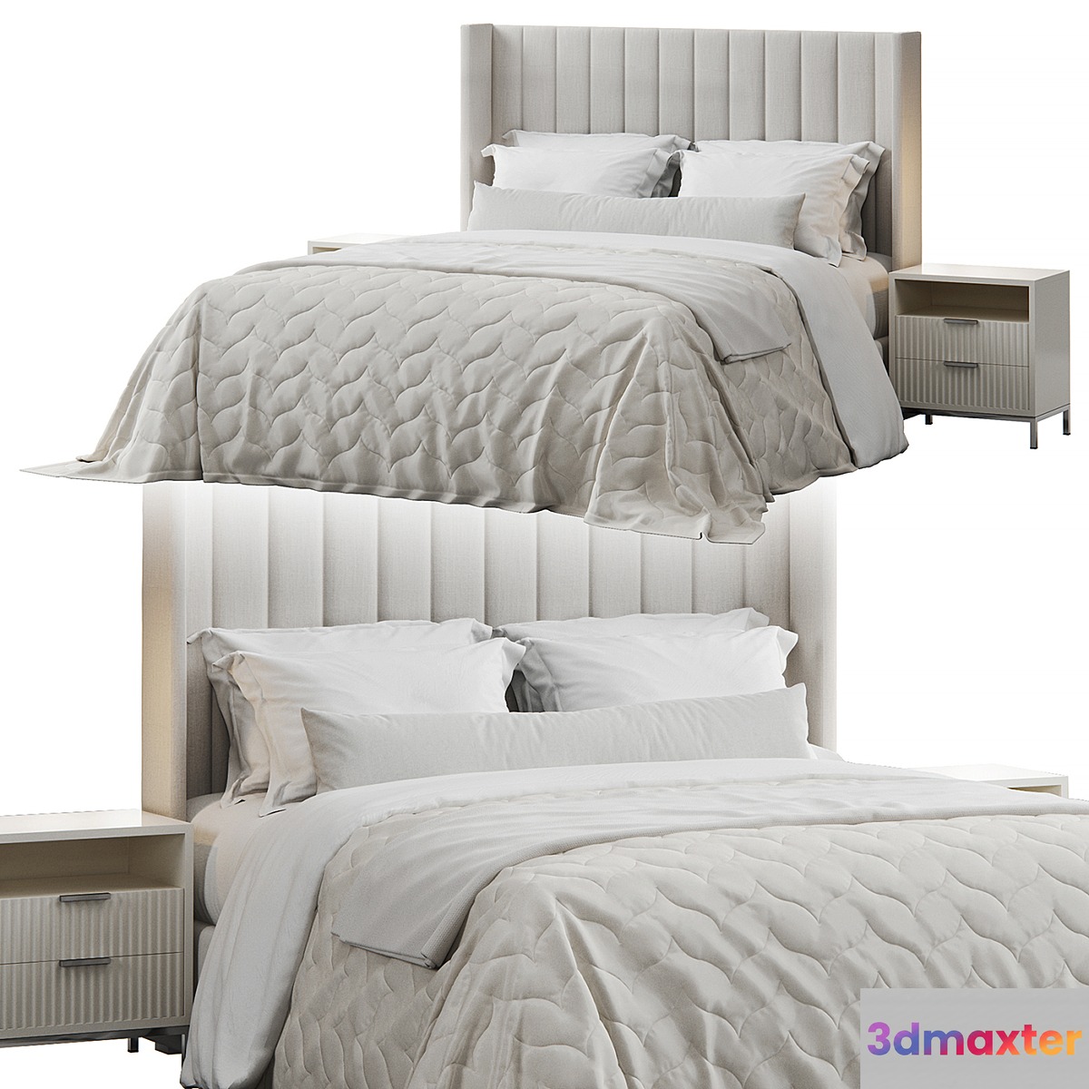 Qween Wingback Striped Headboard Bed 3D Max