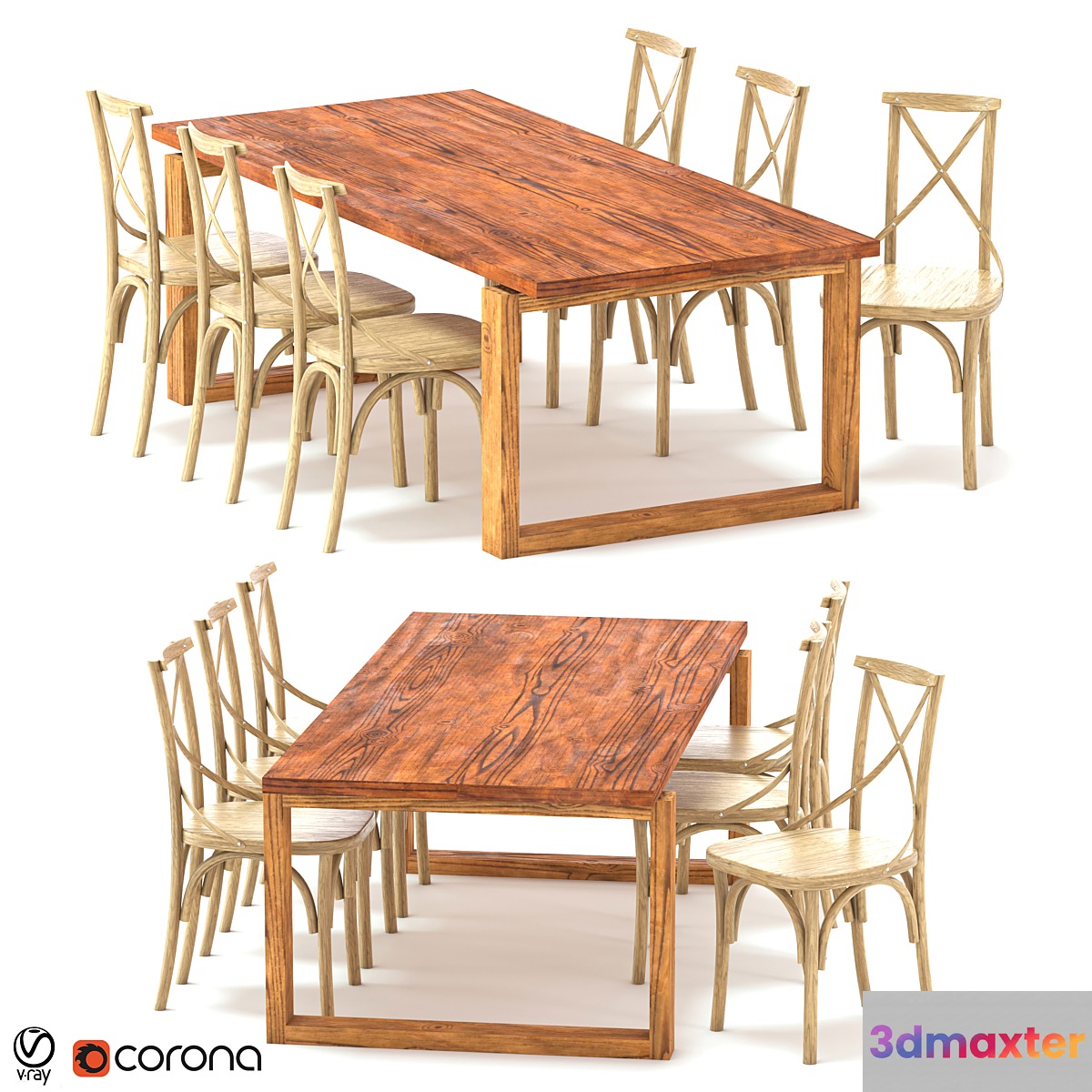 ODGER Table and 6 Teak Cross Back Dining Chair 3D Max