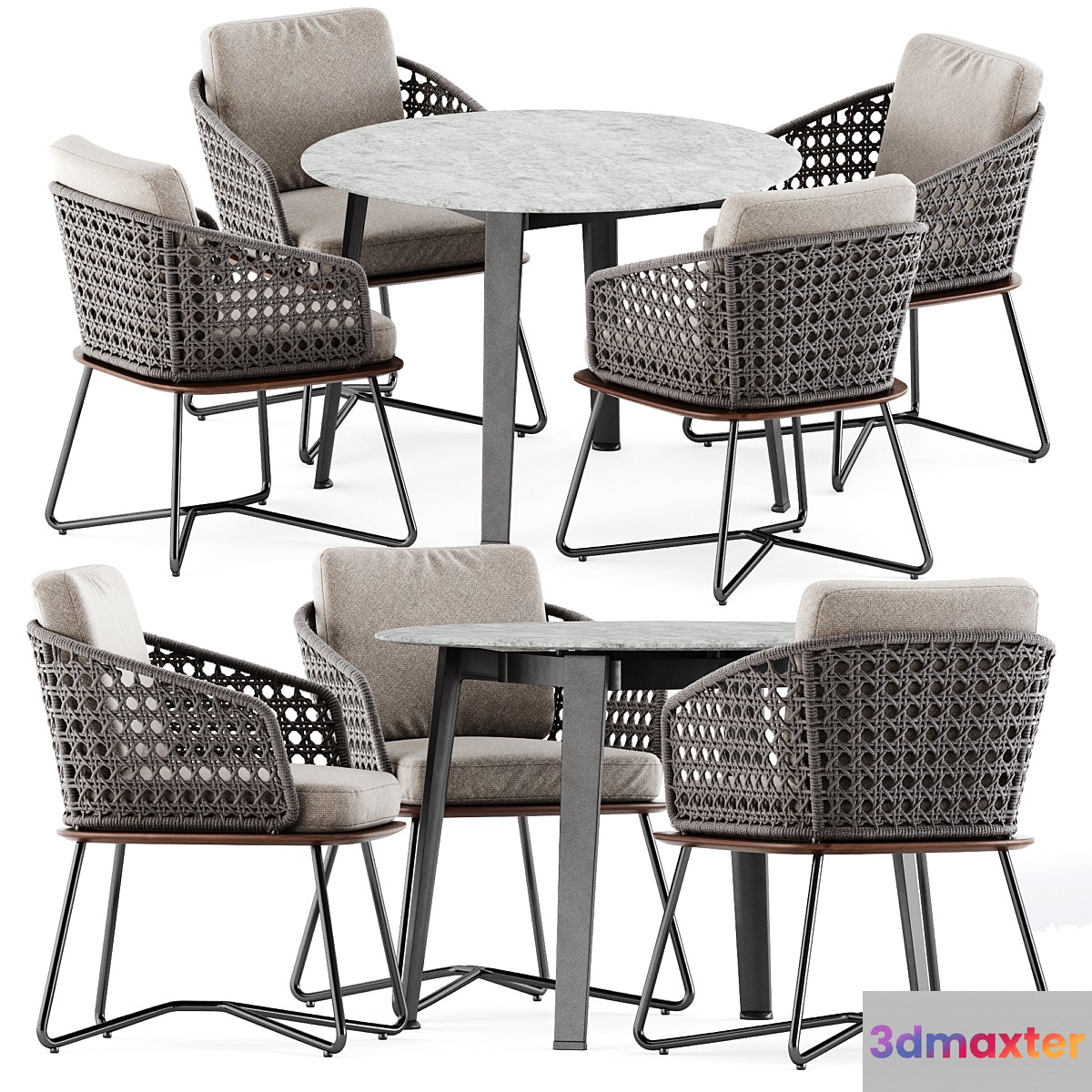 Rivera Little Armchair by Minotti and Ginepro round Outdoor table by bebitalia