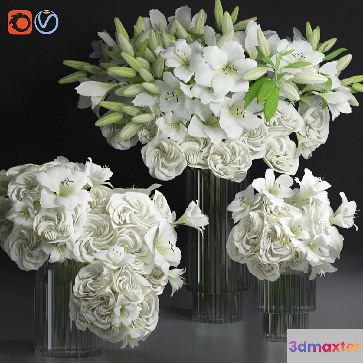 White Lily Tuberose Peony Camelia Bouquet Decorative Glass Vases Set - No.2