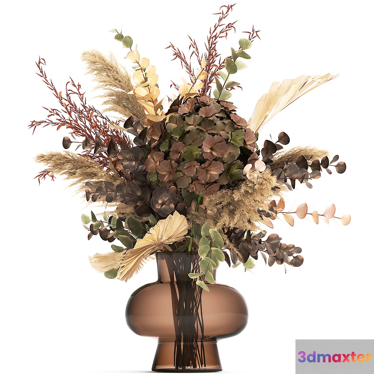 Bouquet of dried flowers in a glass vase with dry branches of palm leaves pampas and Hydrangea. 161.