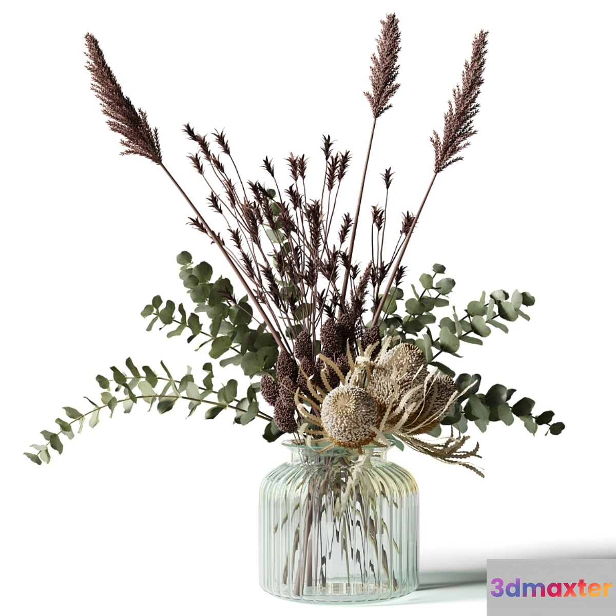 Bouquet with tall grass eucalyptus and bankxias in a ribbed glass vase