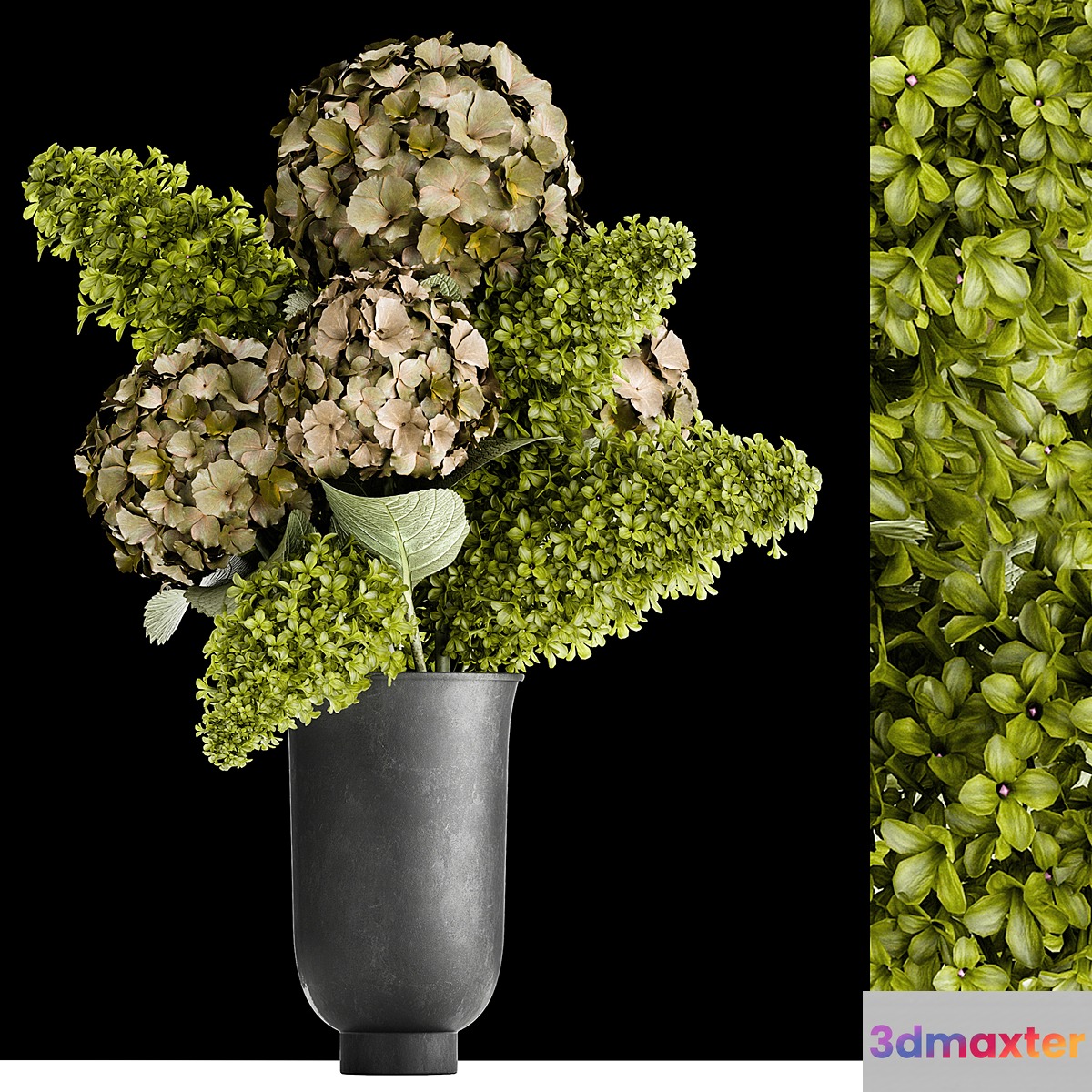 Beautiful modern bouquet of green flowers in a black vase with Hydrangea green Lilac. 169 - No.2