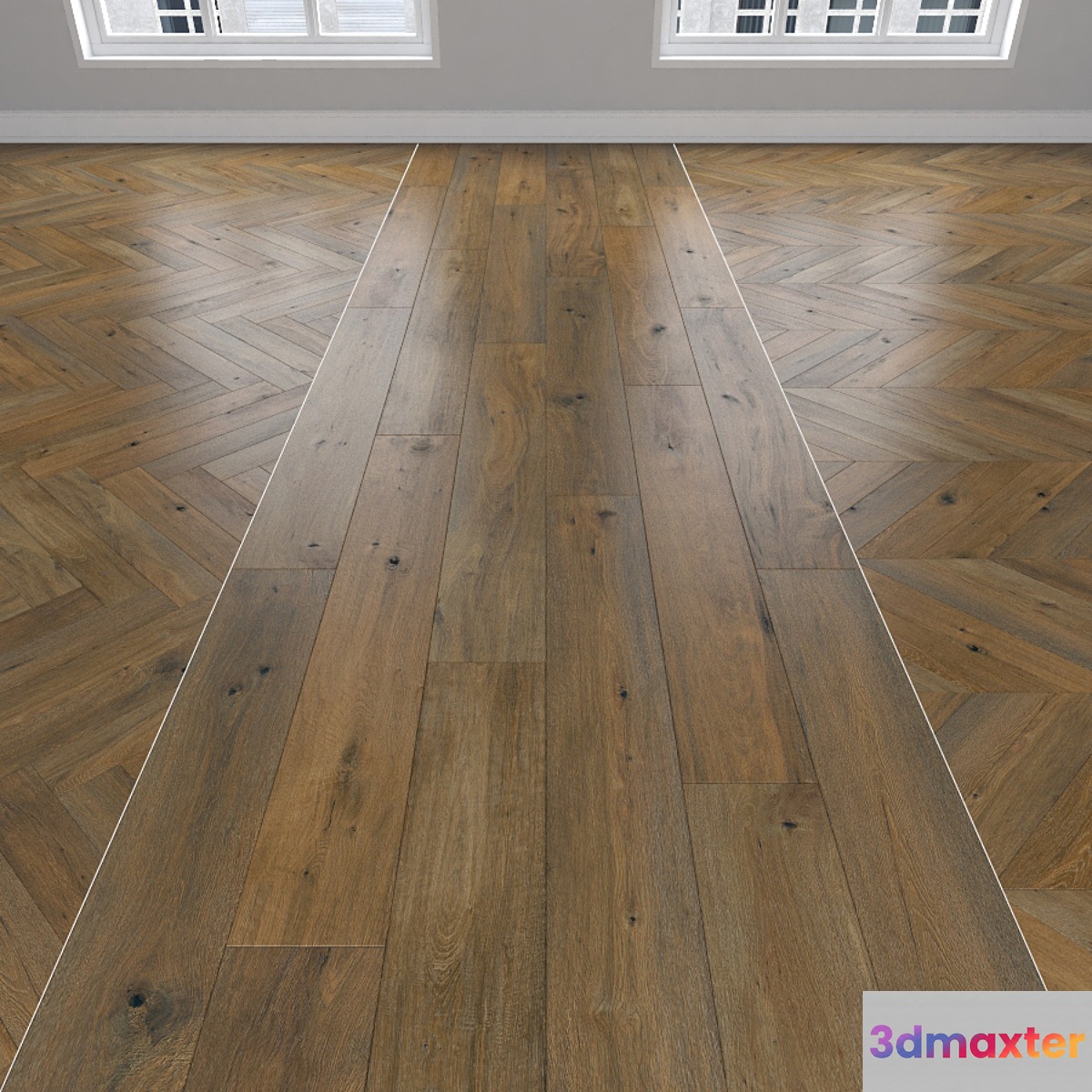 Parquet Oak 3 types: herringbone linear chevron. 3D Max