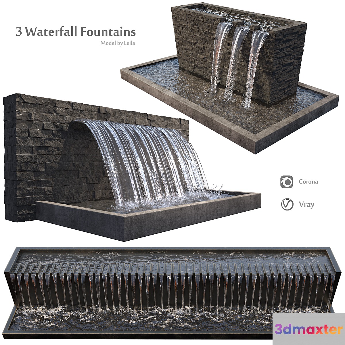 Waterfall fountains wide rock panel 3D Max